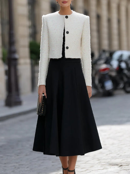 Textured Tweed Cropped Jacket And Flared Midi Skirt Set