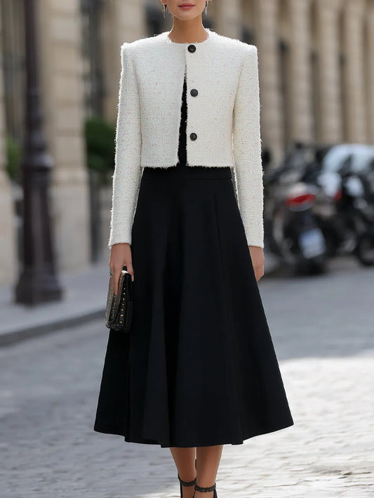 Textured Tweed Cropped Jacket And Flared Midi Skirt Set
