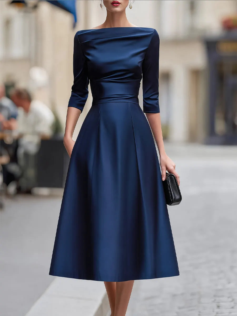 Draped Boat-Neck Pleated Midi Dress
