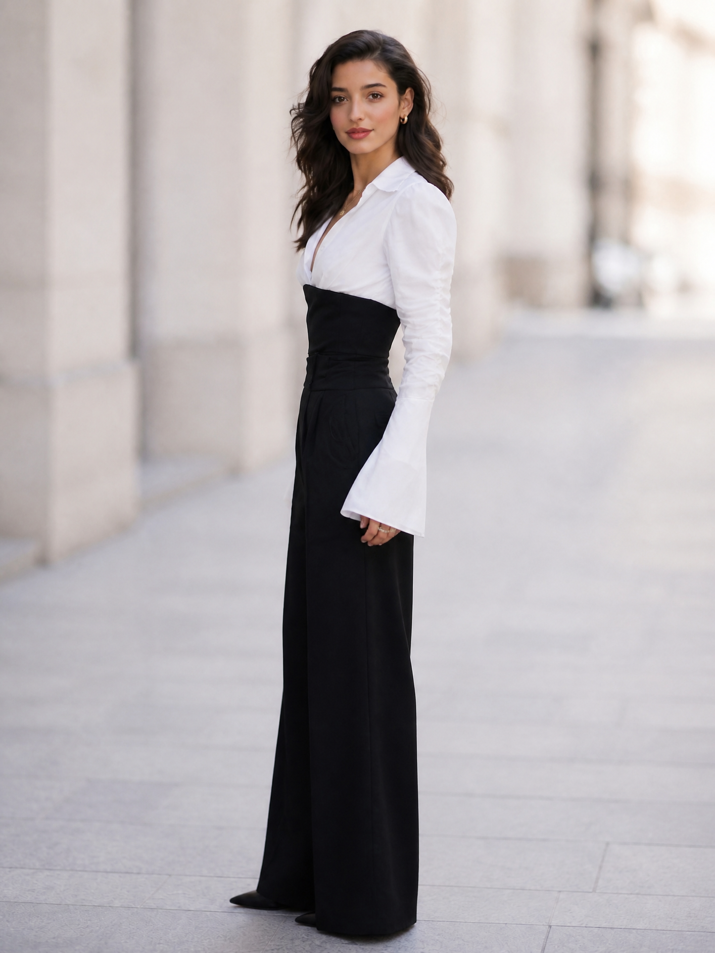 Women's Contrast V-Neck Long Sleeve High Waist Wide Leg Jumpsuit