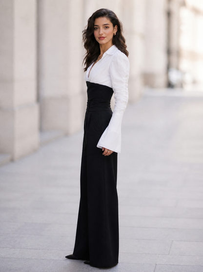 Women's Contrast V-Neck Long Sleeve High Waist Wide Leg Jumpsuit