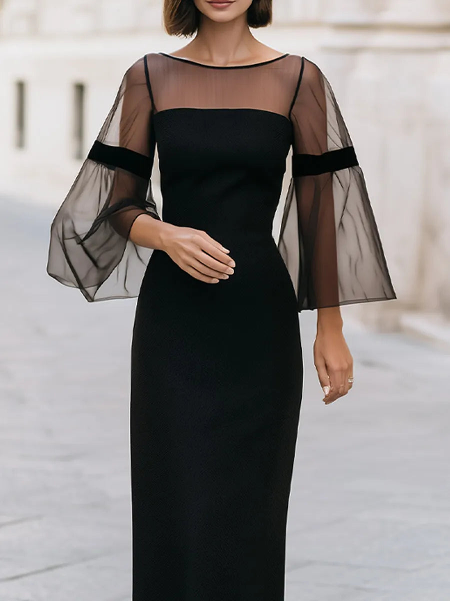 Elegant Sheer Bell Sleeve Column Maxi Dress