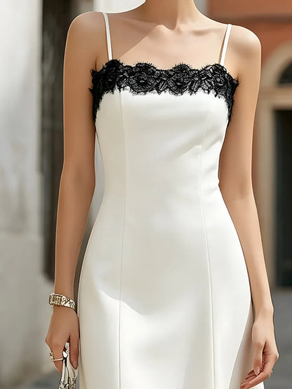 Lace Trim Spaghetti Strap Structured Midi Dress