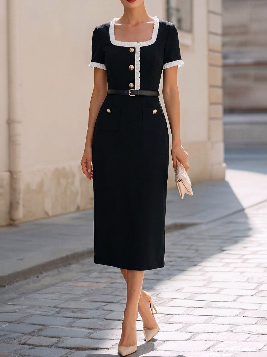 Square-Neck Ruffle-Trimmed Belted Midi Pencil Dress