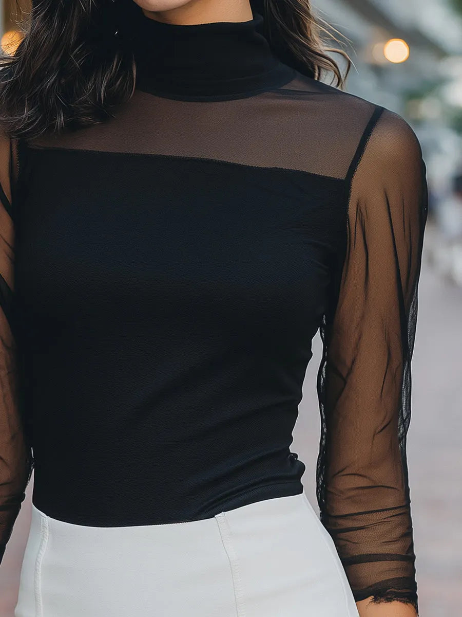 Sheer-Sleeve High-Neck Fitted Top