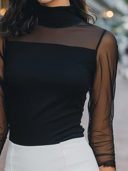 Sheer-Sleeve High-Neck Fitted Top