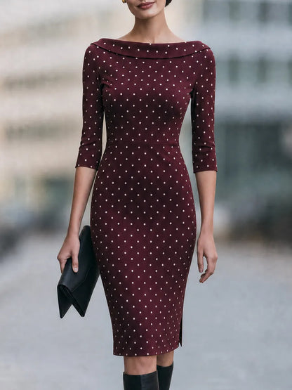 Polka Dot Boat Neck Sheath Midi Dress