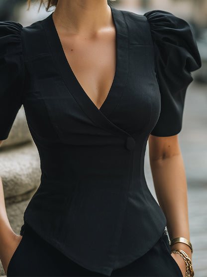 Puff-Sleeve Wrap-Front Tailored Blouse