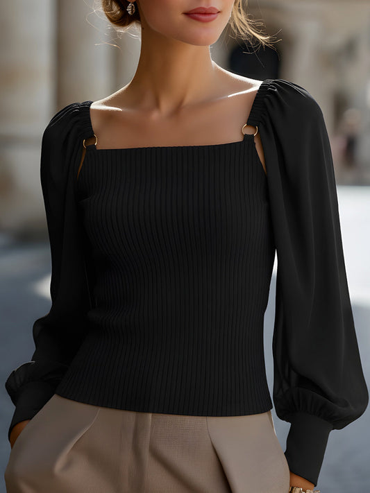 Blusa de Tricô Canelado com Mangas Balão em Chiffon