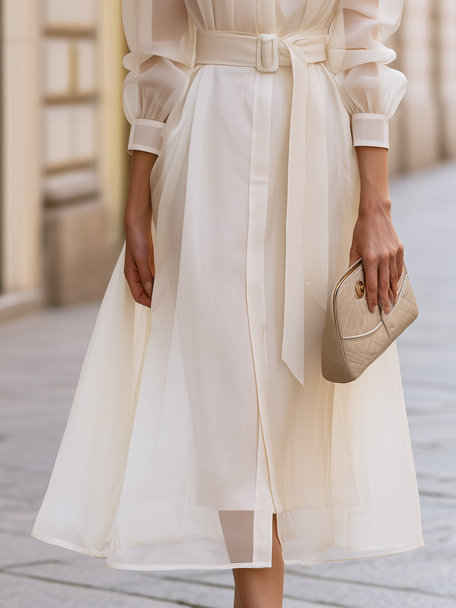 Elegant Belted Sheer Sleeve Shirt Maxi Dress