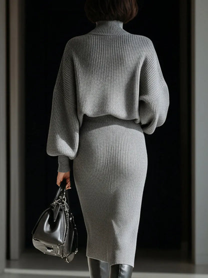 Gray Ribbed Turtleneck Batwing Sweater Dress