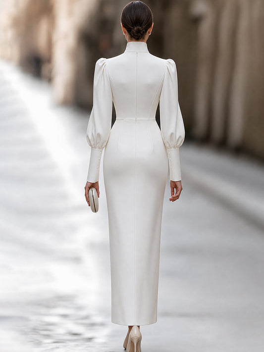 Robe midi boutonnée à col montant et manches bouffantes