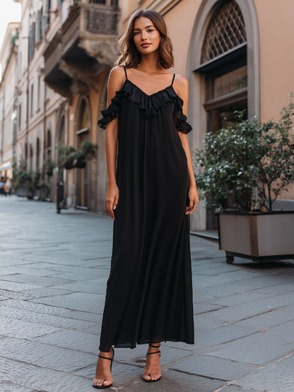 Ruffle Trim Spaghetti Strap Maxi Dress With Cold-Shoulder Detail