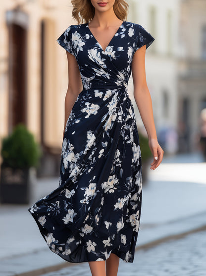 Floral Print Ruched Wrap Mock Midi Dress