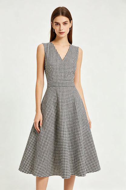 Blue White Gingham Fit and Flare Midi Dress - view 6