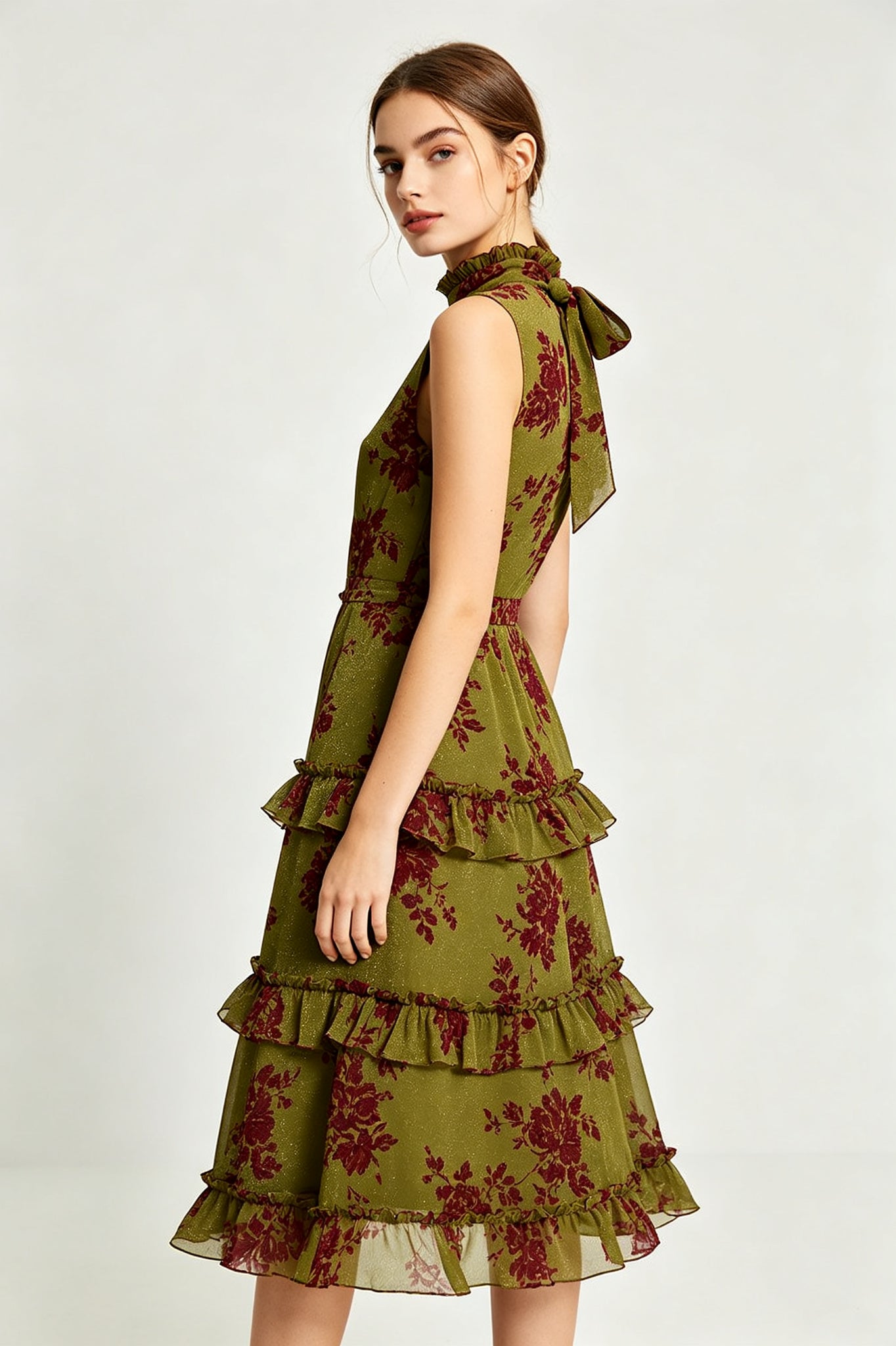 Lurex Floral Tiered Ruffle Midi Dress - Side View
