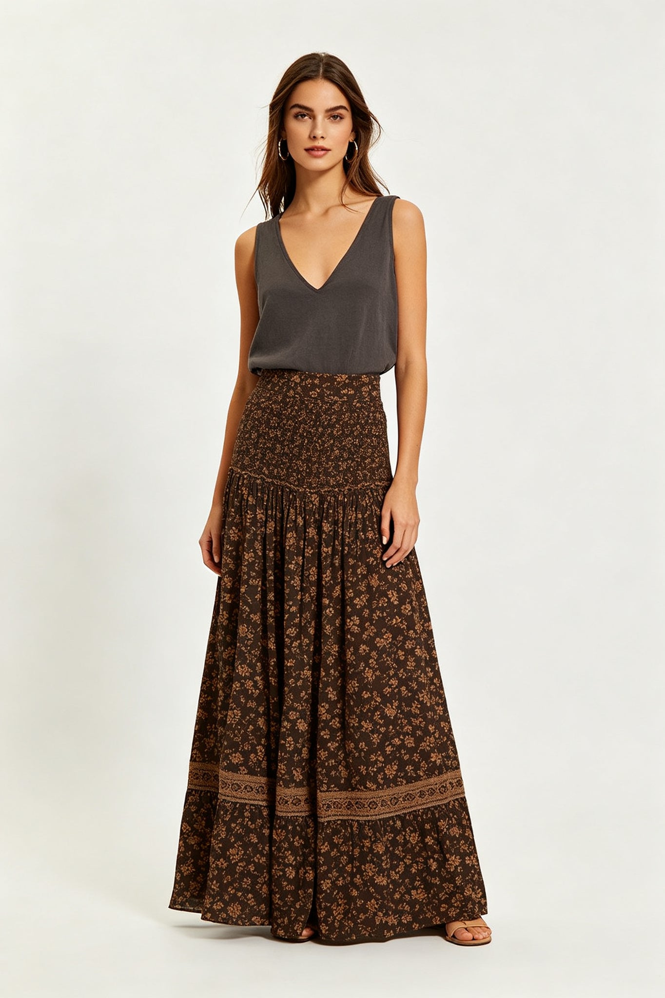 Bohemian Sleeveless Top Floral Maxi Skirt Set - Charcoal Brown Floral