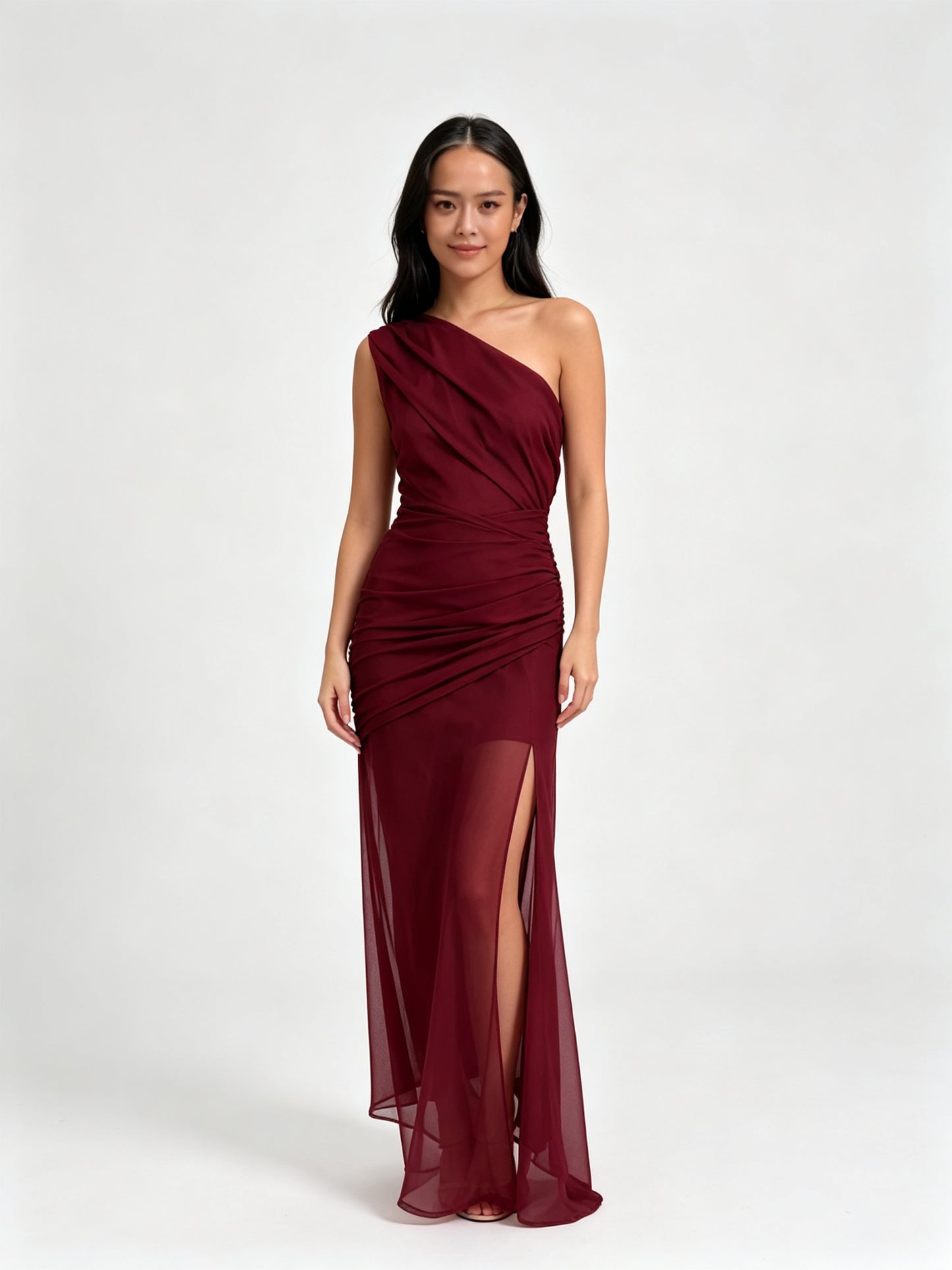 One-Shoulder Ruched Bodycon Maxi Dress - Burgundy