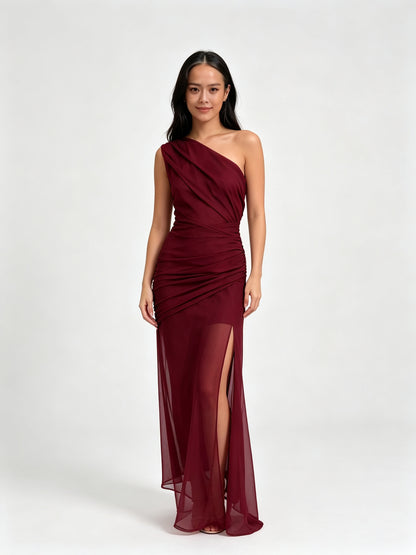 One-Shoulder Ruched Bodycon Maxi Dress - Burgundy