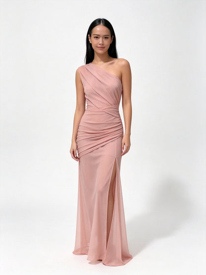 One-Shoulder Ruched Bodycon Maxi Dress - Blush Pink