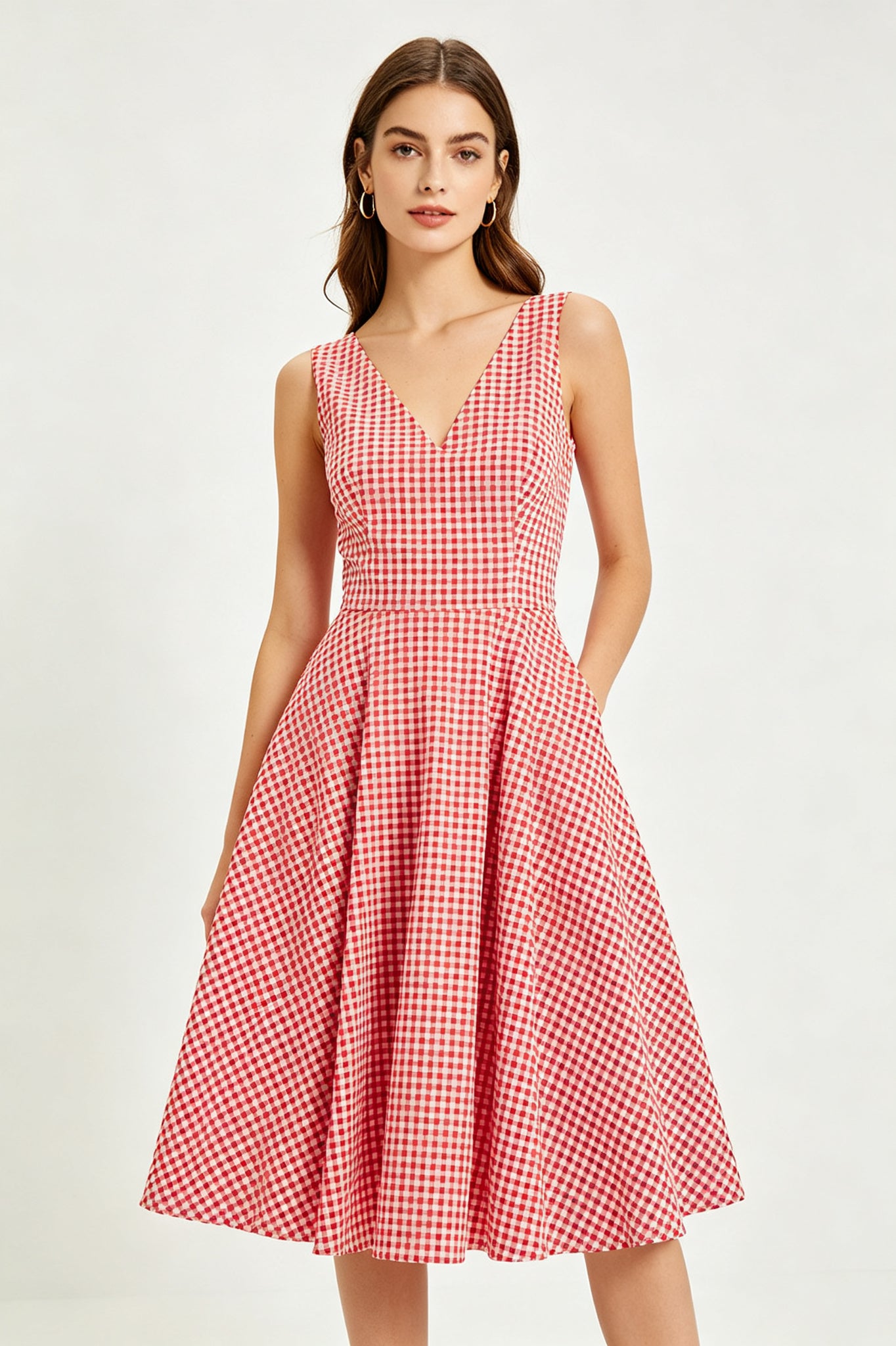 Blue White Gingham Fit and Flare Midi Dress - view 5