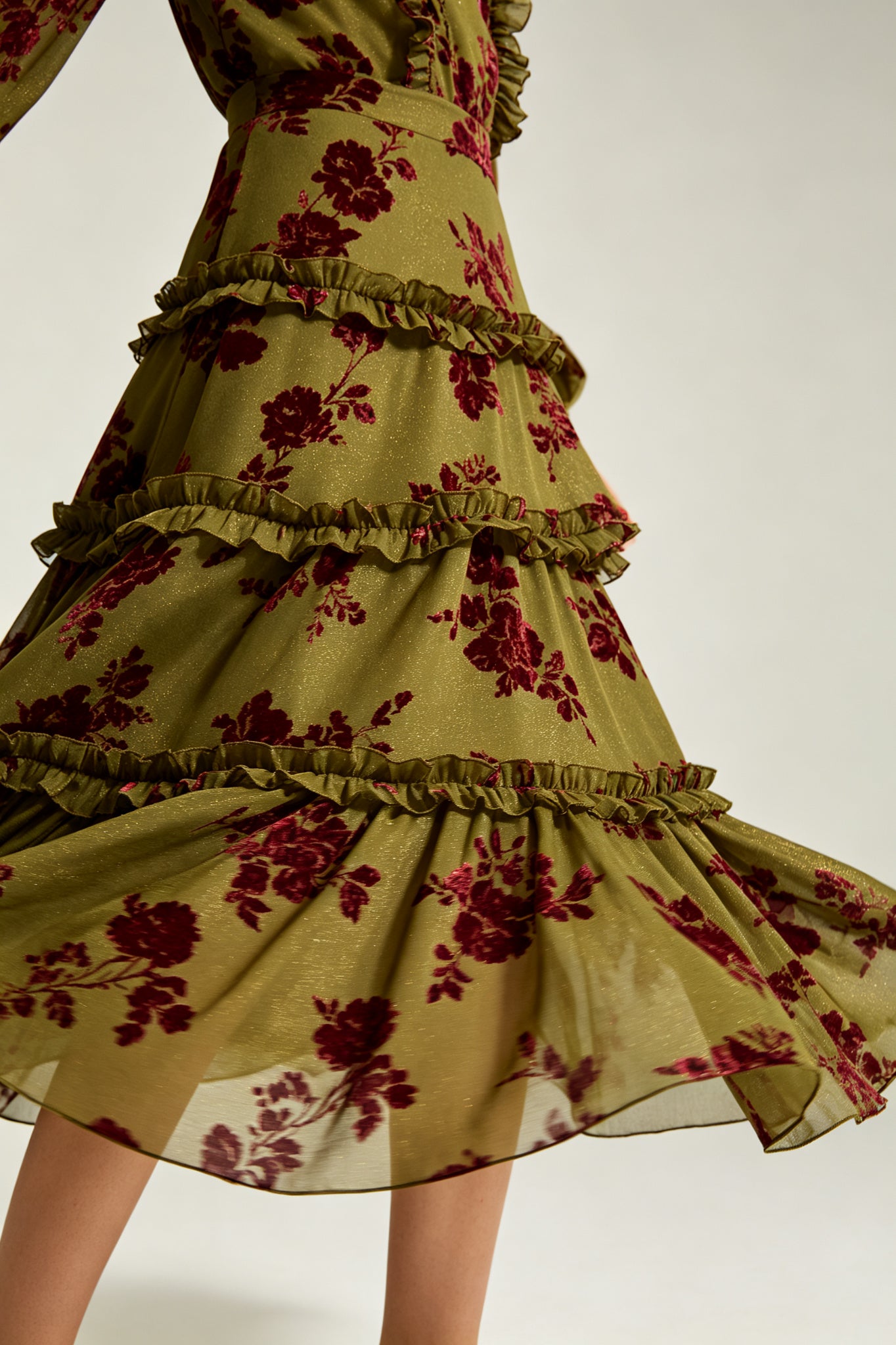 Lurex Floral Tiered Ruffle Midi Dress - Tiered Ruffle Skirt Detail