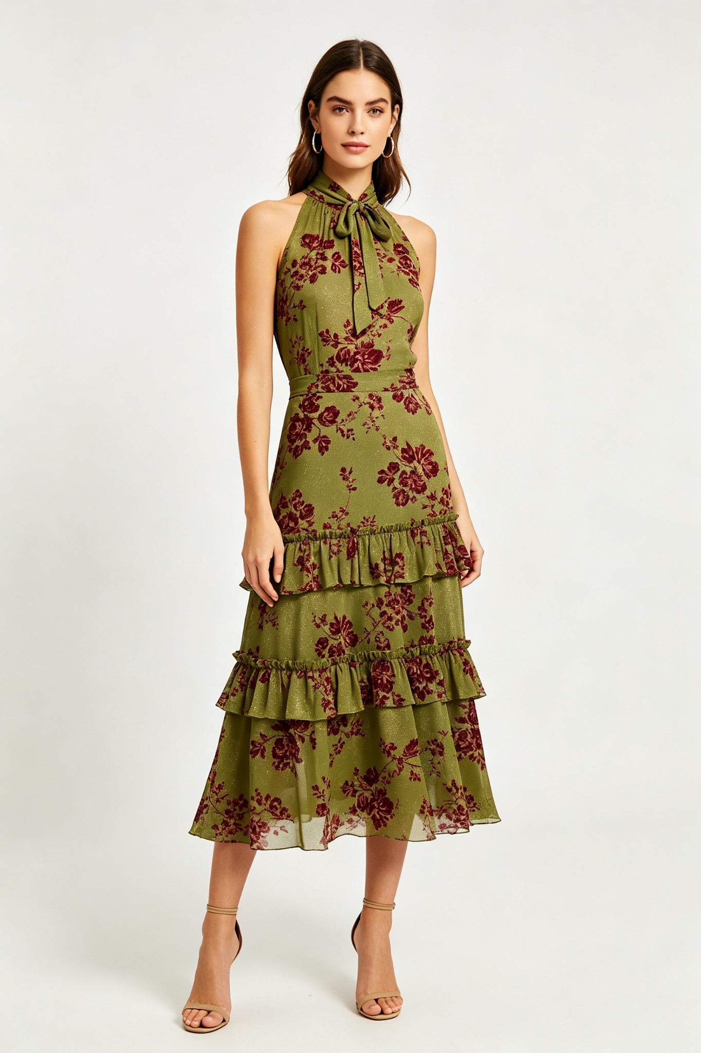 Lurex Floral Tiered Ruffle Midi Dress - Olive Burgundy Floral