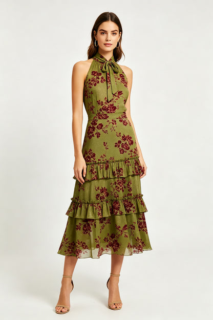 Lurex Floral Tiered Ruffle Midi Dress - Olive Burgundy Floral