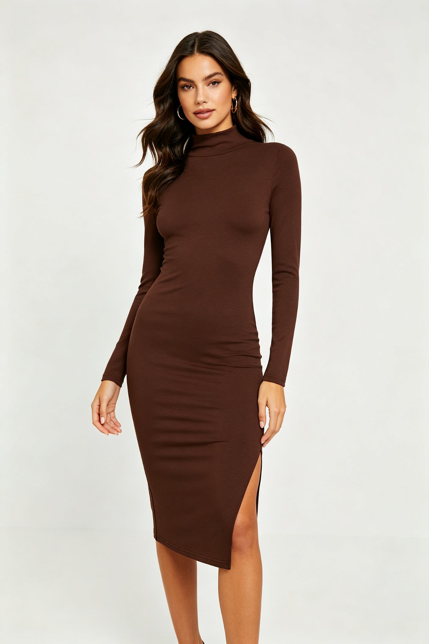 Chocolate Brown Long Sleeve Bodycon Midi Dress - Chocolate Brown