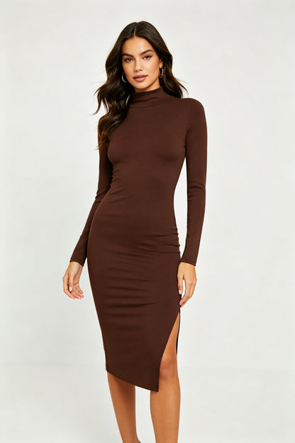 Chocolate Brown Long Sleeve Bodycon Midi Dress - Chocolate Brown