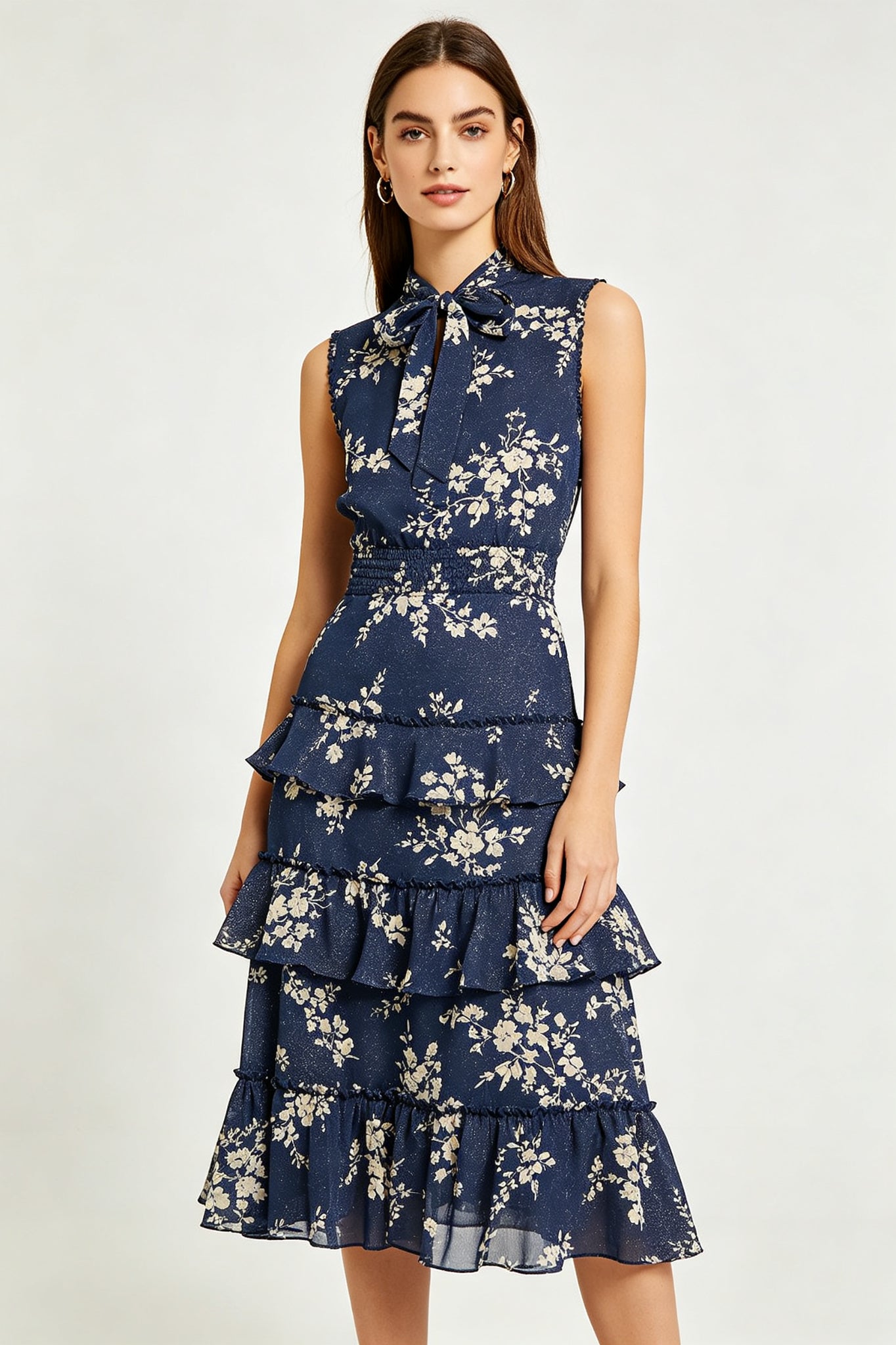Lurex Floral Tiered Ruffle Midi Dress - Navy Cream Floral