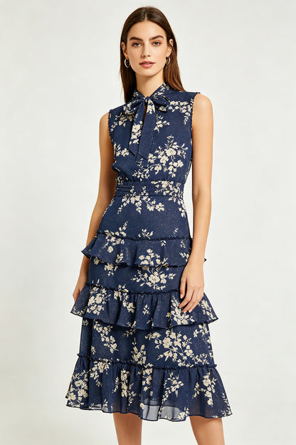 Lurex Floral Tiered Ruffle Midi Dress - Navy Cream Floral